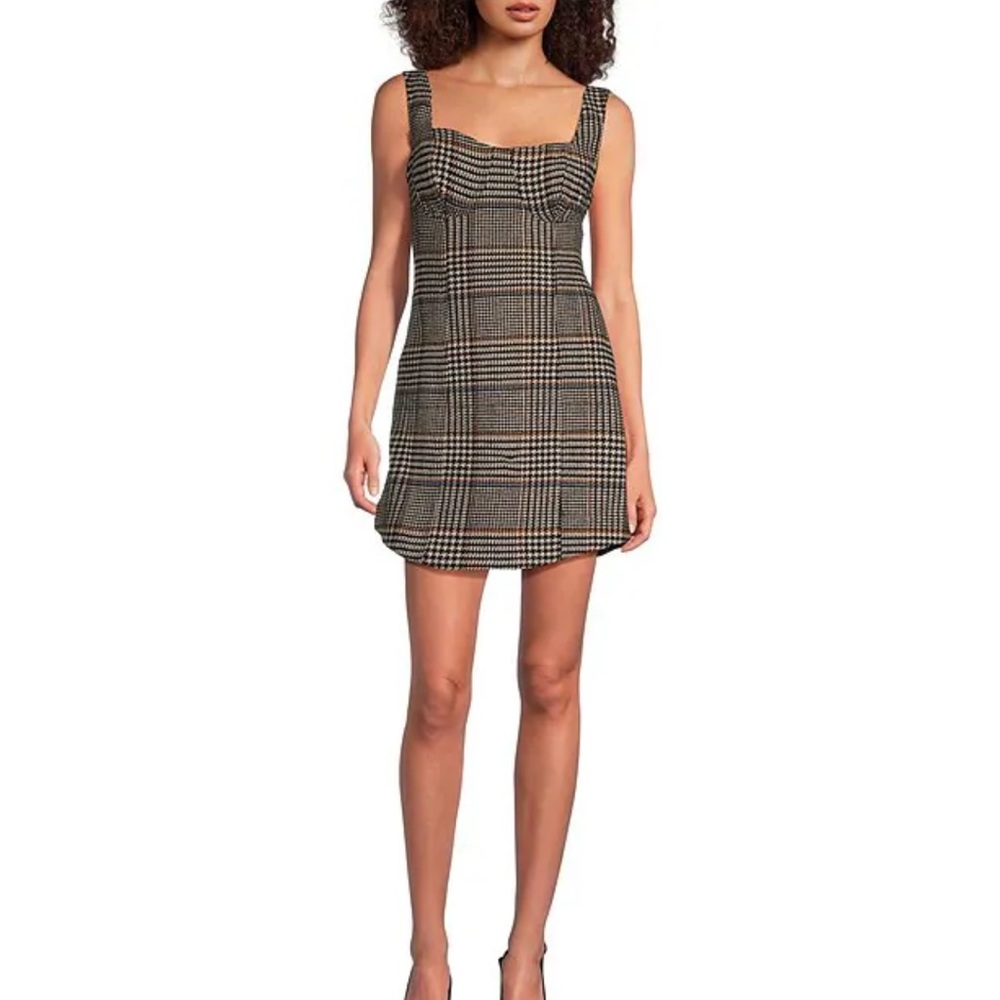 Le' AL.X Wool Blend Knit Glen Plaid Sweetheart Neck Tank Strap Bustier Dress